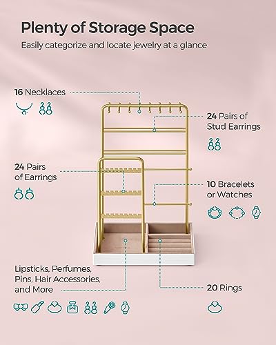 SONGMICS Necklace Holder, Jewelry Stand Holder Organizer, Jewelry Display with Metal Frame, Velvet Tray, Earring Bracelet Holder, for Gift Idea, 4.5 x 7.7 x 12.1 inch, Pale Gold UJJS021A01