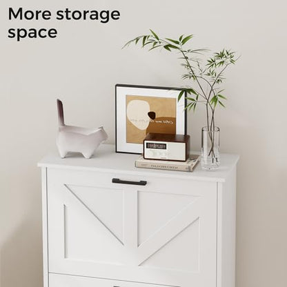 Farmhouse Shoe Cabinet for Entryway, 2 Barn-Style Flip Drawers | Narrow Shoe Storage Organizer, Top Display Shelf, Adjustable Shelves, Shoe Rack, for Hallway Closet, 24" Wide, White