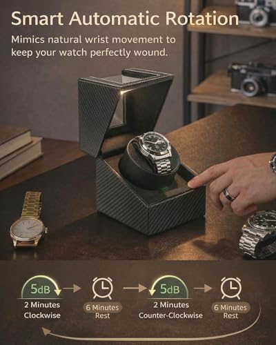 Watch Winder for Automatic Watches: Single Watch Winder Box | Rotating Watch Case with Quiet Japanese Motor - Storage Display Box for Men (Black Carbon Fiber)