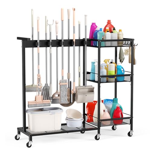 Broom Holder with Cleaning Supplies Organizer, Cle... (Metal, Plastic)