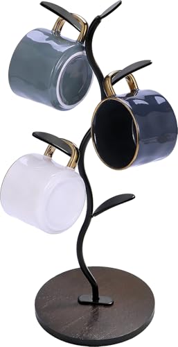Mug Holder, Coffee Mug Holders Tree with 5 Hooks, Metal Coffee Cup with Stable Wooden Base, Countertop Organizer for Kitchen & Cafe