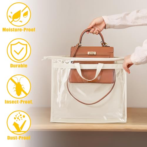 12PC Dust Bags for Handbags with 12 Hooks, Clear PVC Handbag Storage Dust Bags with Zippers and Handles, Plastic Hanging Dust Cover Bag Holder Purse Storage Organizer for Closet (3 Size)