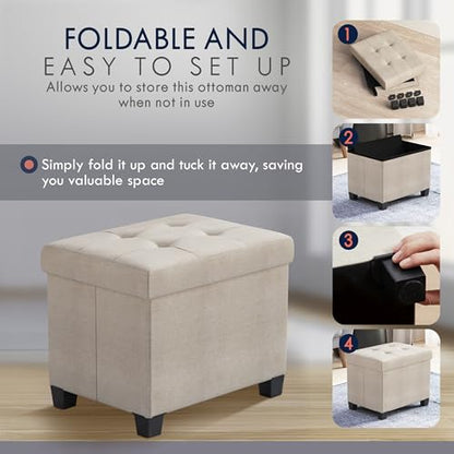 Ornavo Home Small Rectangle Storage Ottoman with Legs, 12x16x12, Beige | Foot Rest Stool Seat; Holds Up to 600 lbs; Ideal for Living Room, Bedroom, Home Office or Dorm