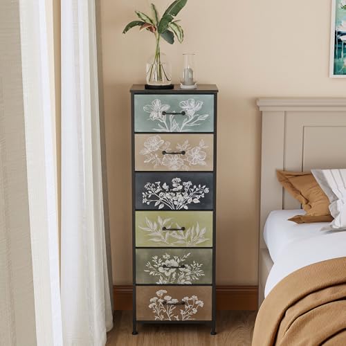 Vintage Dresser Vertical Nightstand with Neutral Botanical Plant Fabric Chest Drawers for Closet Bathroom Storage Tower Unit Bed Side Organizer Farmhouse Rustic (Multi, 6 Drawers)