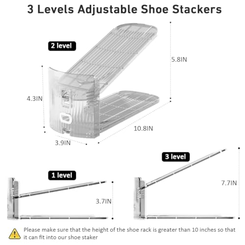 NVGSN 12Pack Clear Shoe Slot Organizer,Shoe Stacker,Storage Space Saver 50% | 3 Levels Adjustable Height 3.7''-7.7''shoe Organizer for Closet,Easy to Assemble shoe Rack Holder,Organizador de Zapatos