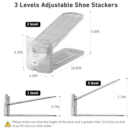NVGSN 12Pack Clear Shoe Slot Organizer,Shoe Stacker,Storage Space Saver 50% | 3 Levels Adjustable Height 3.7''-7.7''shoe Organizer for Closet,Easy to Assemble shoe Rack Holder,Organizador de Zapatos