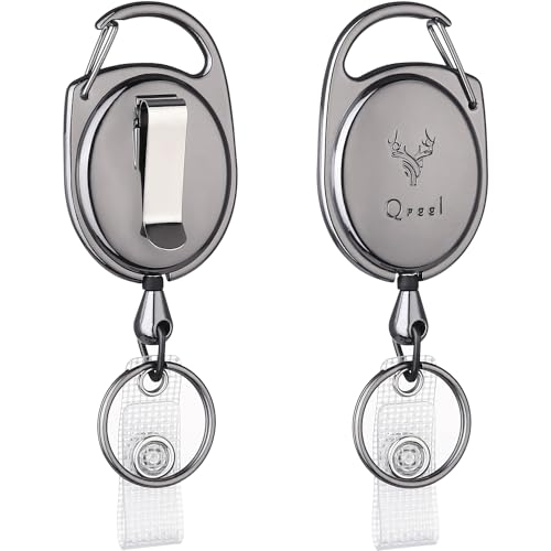 QREEL Heavy Duty Badge Reel, ID Badge Holder Retractable Keychain, 2 Pack | with Carabiner, Belt Clip, Key Ring, All Metal Casing with 24" Steel Cord, 8.0 OZ, Name Tag Holder for Nurse, Office Worker