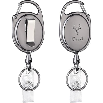 QREEL Heavy Duty Badge Reel, ID Badge Holder Retractable Keychain, 2 Pack | with Carabiner, Belt Clip, Key Ring, All Metal Casing with 24" Steel Cord, 8.0 OZ, Name Tag Holder for Nurse, Office Worker