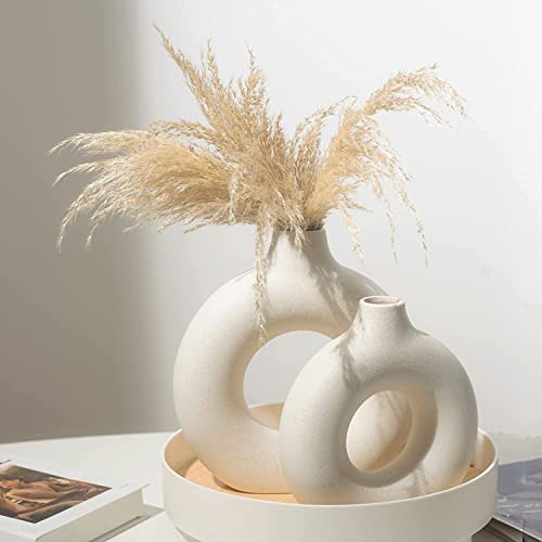 White Ceramic Vases- 2 for Modern Home Decor, Round Matte Boho Vase for Decor, Ceramic Minimalist Nordic Style for Wedding Dinner Table Living Room Office