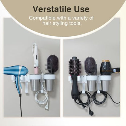 3-in-1 Hair Tool Organzier Wall Mount, Adhesive/Screw Mounting | Hair Dryer Storage Curling Iron & Straightener Holder with Cord Hooks, Vanity Bathroom Organizer, White & Stainless Steel