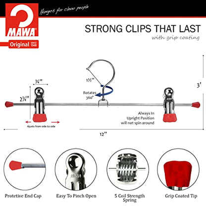 Mawa by Reston Lloyd Non-Slip Space-Saving Clothes Hanger For Pants & Skirts with Two Non-Slip Clips, Style K/30D, 12-Inch, Set of 10, Red
