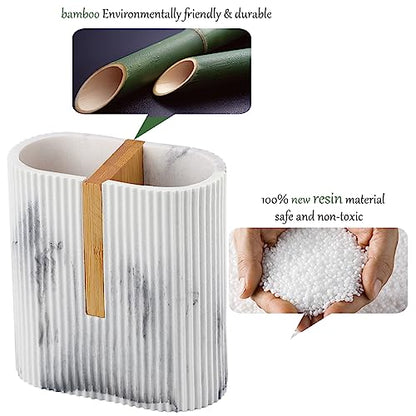 Toothbrush Holders for Bathroom, Bamboo Toothbrush Stand, Marble White | Electric Toothbrush and Toothpaste Organizer for Bathroom Sink Countertop Storage, Modern Brushing Accessories
