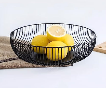 Fruit Bowl for Kitchen Counter, Black Wire Fruit Bowl, Metal Countertop Fruit Basket, 11 Inches Round Holder for Lemon, Banana, Candy, Snack in Office (Round C)