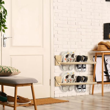 2 Pcs Wall Mounted Shoe Rack Organizer Wooden Modern Compact Wall Space Saving Shoe Holder Storage for Sneaker Footwear Slipper Boots Entryway Narrow Spaces Hallway(28.35'' Long)