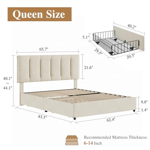 VECELO Queen Size Bed Frame with 4 Storage Drawers, Adjustable Height Headboard, Heavy-Duty Platform Bedframe with Strong Wooden Slats, No Box Spring Needed, Pale Beige