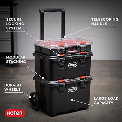 Keter Stack N Rolling Tool Box Modular Storage System 3 Piece | Black and Red, Heavy Duty, Weatherproof, All Terrain Wheels, Durable, Easy to Use, Telescoping Handle