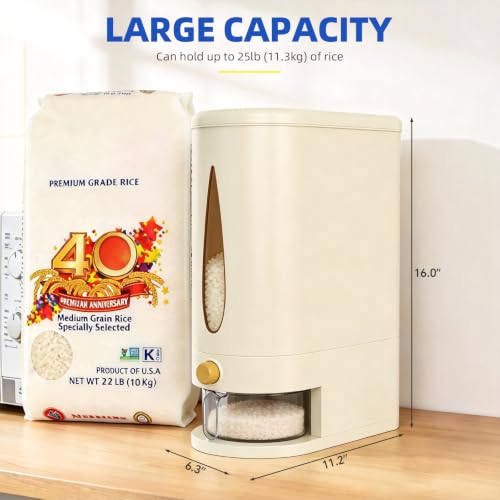 samstar Large Capacity Rice Dispenser 20-25 lbs, Sturdy & Airtight Rice Storage Container, Quick Rice Dispensing Design, Moisture Resistant Grain Storage Bin Rice Holder for Kitchen, BPA-Free, Beige