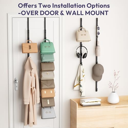 Over The Door Purse Organizer - 2 Packs Wall Mounted Purse Rack with 8 Hooks Design, Hanging Handbag Organizer Storage Holds up to 16 Bags, Bag Rack for Closet, Door (Black)