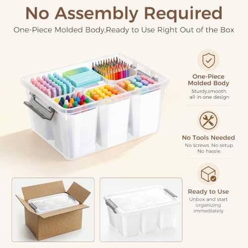 Citylife 17QT Craft Organizers and Storage bins with Lids, Marker Organizer | Clear Plastic, Art Supply Organizer for Markers, Crayons and Crafts, 6 Detachable Inserts, Versatile Stackable, No Assembly