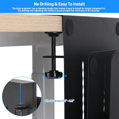 MAXECHO Desk Side Storage, Under Desk Laptop Mount, Table Side Hanging File Organizer, No Drill Clamp On Cable Management Tray, Laptop Holder with Magnetic Pen Holder for Office and Home, Load 22 Lbs