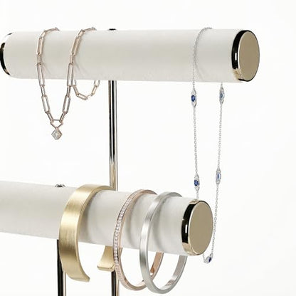 Necklace Holder,Bracelet Display,Jewelry Organizer Stand with Earrings Rings Tray,Jewelry Holder for Scrunchie Watches (Beige, 2 Tier)