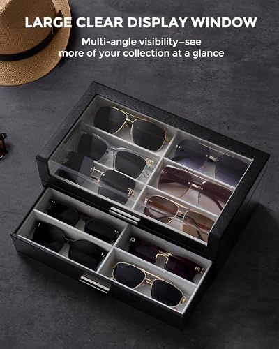 ProCase 12 Slots Sunglasses Box with L-Shaped Clear Lid -Black | Multiple Pairs Glasses Display Organizer Eyewear Eyeglass Eye Glass Storage Holder with Drawer for Men Women