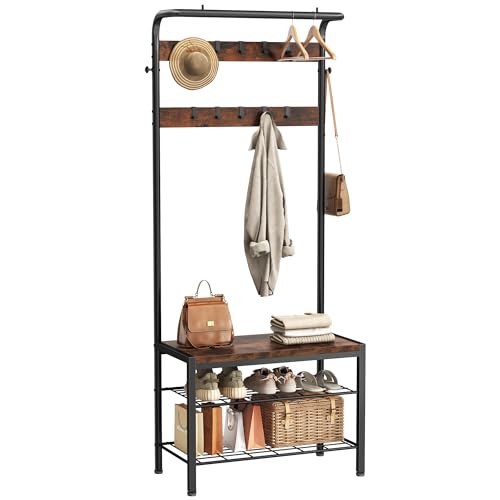 Coat Rack, Hall Tree with Shoe Bench, 4-in-1 Entry... (Deep Brown | Alloy Steel)