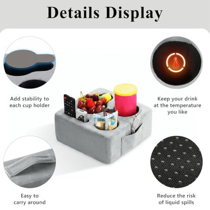 Luxspire Couch Cup Holder, Couch Caddy, 4 Holes, Gray | Couch Cup Holder Pillow Side Pocket and Handle, Couch Caddy Pillow for Phone/Drinks/Remote Control/Snacks