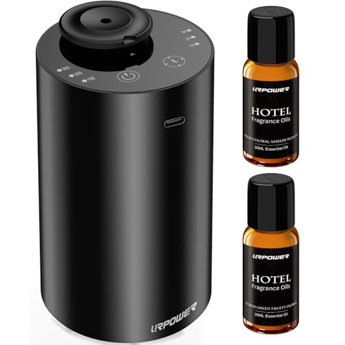 URPOWER Waterless Essential Oil Diffuser Cordless Mini Scent Diffuser 20mL | Includes 2 x 20mL Hotel-Inspired Essential Oils, Rechargeable Aluminum Waterless Diffuser for Car, Home & Office, Black
