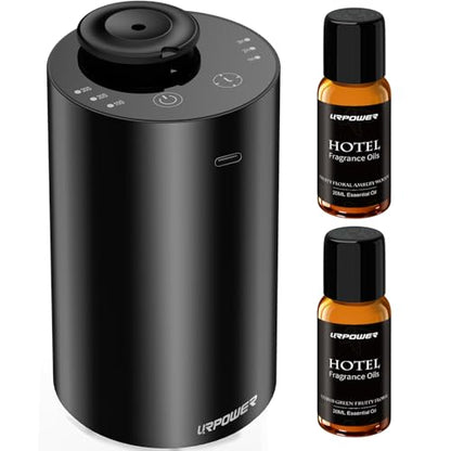 URPOWER Waterless Essential Oil Diffuser Cordless Mini Scent Diffuser 20mL | Includes 2 x 20mL Hotel-Inspired Essential Oils, Rechargeable Aluminum Waterless Diffuser for Car, Home & Office, Black