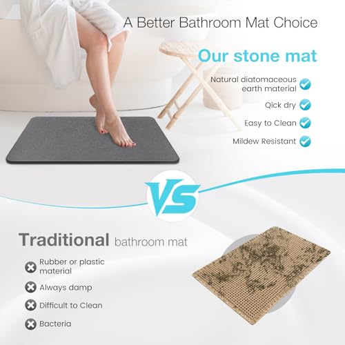 Premium Diatomite Stone Bath Mat, 23.6" x 15.4" Dark Gray | Non-slip, Natural Diatomaceous Earth & Quick Drying for Bathroom Bathtub Floor