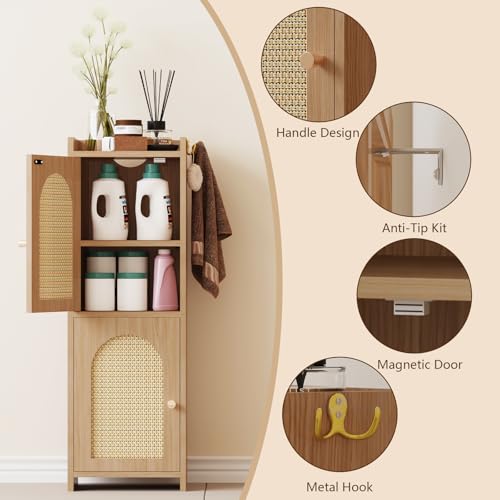 Arbuxzuy Rattan Bathroom Storage Cabinet with 2 Doors and Adjustable Shelf | Oak Corner Floor Cabinet, Narrow Toilet Paper Cabinets with 2Hooks, Toilet Organizer for Small Spaces, 7.87"D*9.84"W*29.72"H