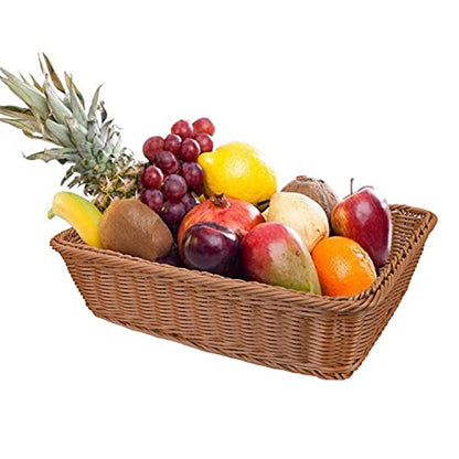 2 Pack Woven Bread Basket, Plastic Wicker Fruit Baskets 15.7 x 11.4 Inch, Imitation Rattan Food Serving Trays for Vegetables, Kitchen, Restaurant, Outdoor, Brown