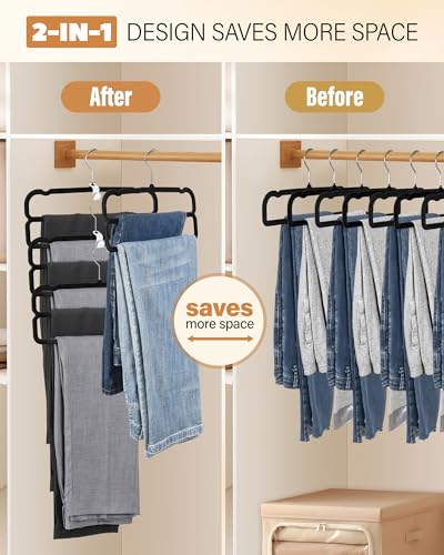 10 Pack Velvet Pants Hangers Space Saving, Non Slip 2-Layer Hanger (Black) | Heavy Duty Flocked Trouser Hangers,pants organizer for closet with Swivel Hook, Felt Jean Hangers for Women and Men