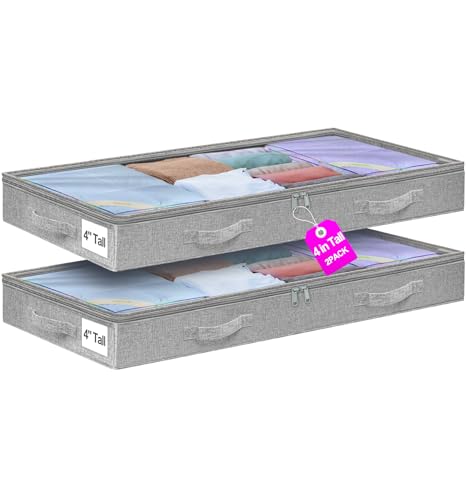 punemi 4 inch High Soft Low Profile Under Bed Storage Bins, 2 Pack, Grey | Foldable Clothes Storage Bag with Zippers & Clear Top, Shallow Design for Under Cabinet, Sofa, Crib & Bed Storage