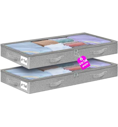 punemi 4 inch High Soft Low Profile Under Bed Storage Bins, 2 Pack, Grey | Foldable Clothes Storage Bag with Zippers & Clear Top, Shallow Design for Under Cabinet, Sofa, Crib & Bed Storage