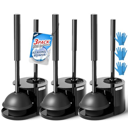 FORASTO 2IN1 Toilet Brush and Plunger Set, 3Pack Extended Handle Combo | Black bathroom accessories, bathroom decor, apartment essentials, home essentials, cleaning supplies, compact floor storage