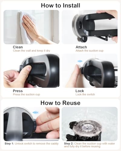 JOTPE Suction Cup Shower Shelf, Removable, Holds 22lbs, No Drilling, Black | suction cup shower shelf bathroom storage 22lbs removable reusable no marks quick drain easy install no drill smooth durable