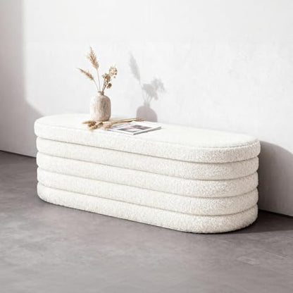 Storage Ottoman Bench, 43" Entryway Shoe Seat, Sherpa White | Upholstered Oval Ottoman with Storage, End of Bed Stool Blanket Chest, For Living Room, Hallway