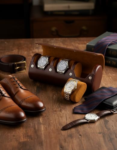 MR.OKAY 3 Watch Travel Case- Classic Leather Watch Case With Perfect Texture.Portable Watch Roll Or Organizer For Storage And Display. Luxury Gifts For Men, All Handmade by Artisans.