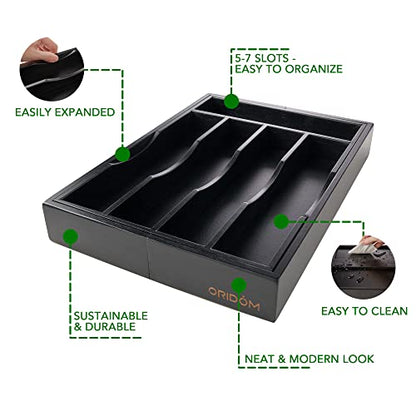 Expandable Bamboo Kitchen Drawer Organizer for Cutlery and Utensils, Adjustable Bamboo Wood Cutlery Tray in Drawer for Flatware and Silverware in Kitchen, (Black)