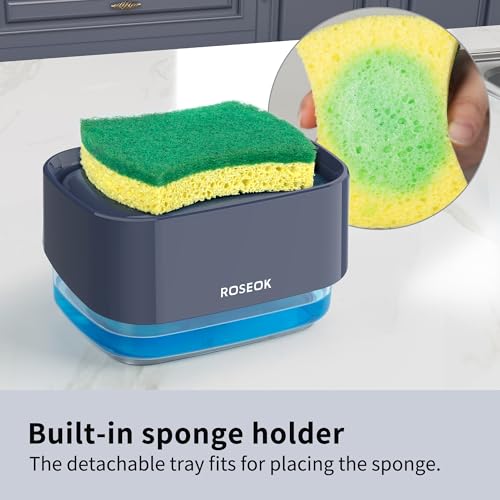 Dish Soap Dispenser with Sponge Holder for Kitchen, Navy Blue | 2 in 1 Countertop Soap Pump Dispenser for Sink, Countertop, Dish Cleaning, 17 Ounces