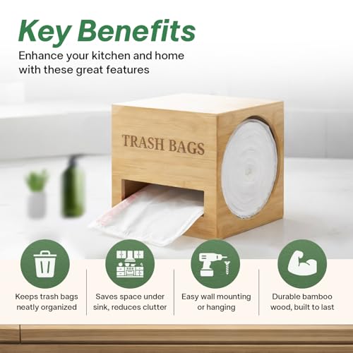 Trash bag holder dispenser | Bamboo garbage bag holder dispenser for Under Sink Storage | Wall Mount trash bag holder | Portable Hanging Organizer for Kitchen & Utility Use