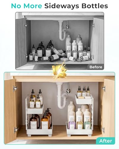 EVERIE Height Adjustable 2 Tier Metal Pull Out Slide Shelf Organizer for Framed or Frameless Under Sink Cabinets in Kitchen, Bathroom, with Snap-on Top Tray (White, 2 Sets)