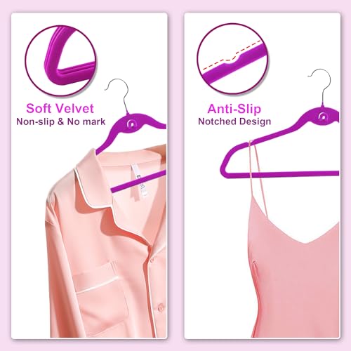 Multi-Color Velvet Hangers 50 Pack with Cascading Hooks, Non-Slip Black, Pink, White, Grey, and Purple Velvet Hangers for Clothes, Suits, and Coats