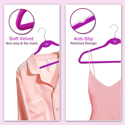 Multi-Color Velvet Hangers 50 Pack with Cascading Hooks, Non-Slip Black, Pink, White, Grey, and Purple Velvet Hangers for Clothes, Suits, and Coats