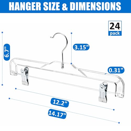 Amber Home 24 Pack Clear Plastic Pants Hangers with 2 Adjustable Clips | Non-Slip Skirt Hangers with 360 Degree Rotatable Hook, Crystal Clear Clothes Hangers for Jeans, Slacks & Shorts