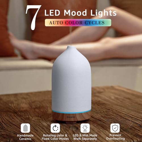 200ML Ceramic Essential Oil Diffuser for Home, Stone Diffuser | Ultrasonic Aromatherapy Diffuser & Air Humidifier for Bedroom, Office, Yoga, 7 LED Lights, Auto Shut-Off, 3 Timers,Wood Grain