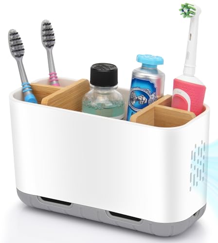 Toothbrush Holders for Bathrooms - Bamboo Divider... (White-l | Bamboo, Plastic)