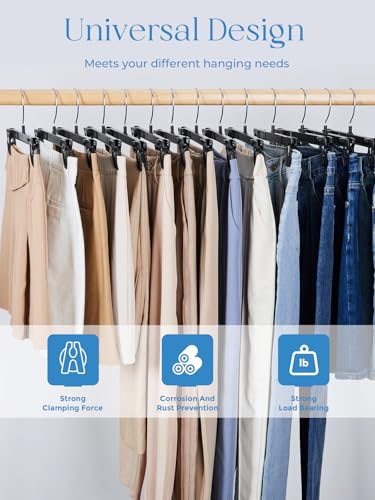 Smartor Black Pants Hangers 30 Pack, Plastic Hangers with Clips, 12 Inch | Versatile Bottom Hangers for Skirts, Shorts, Jeans and Trousers; Non-Slip Clips and Swivel Hooks Organize Everyday Closets